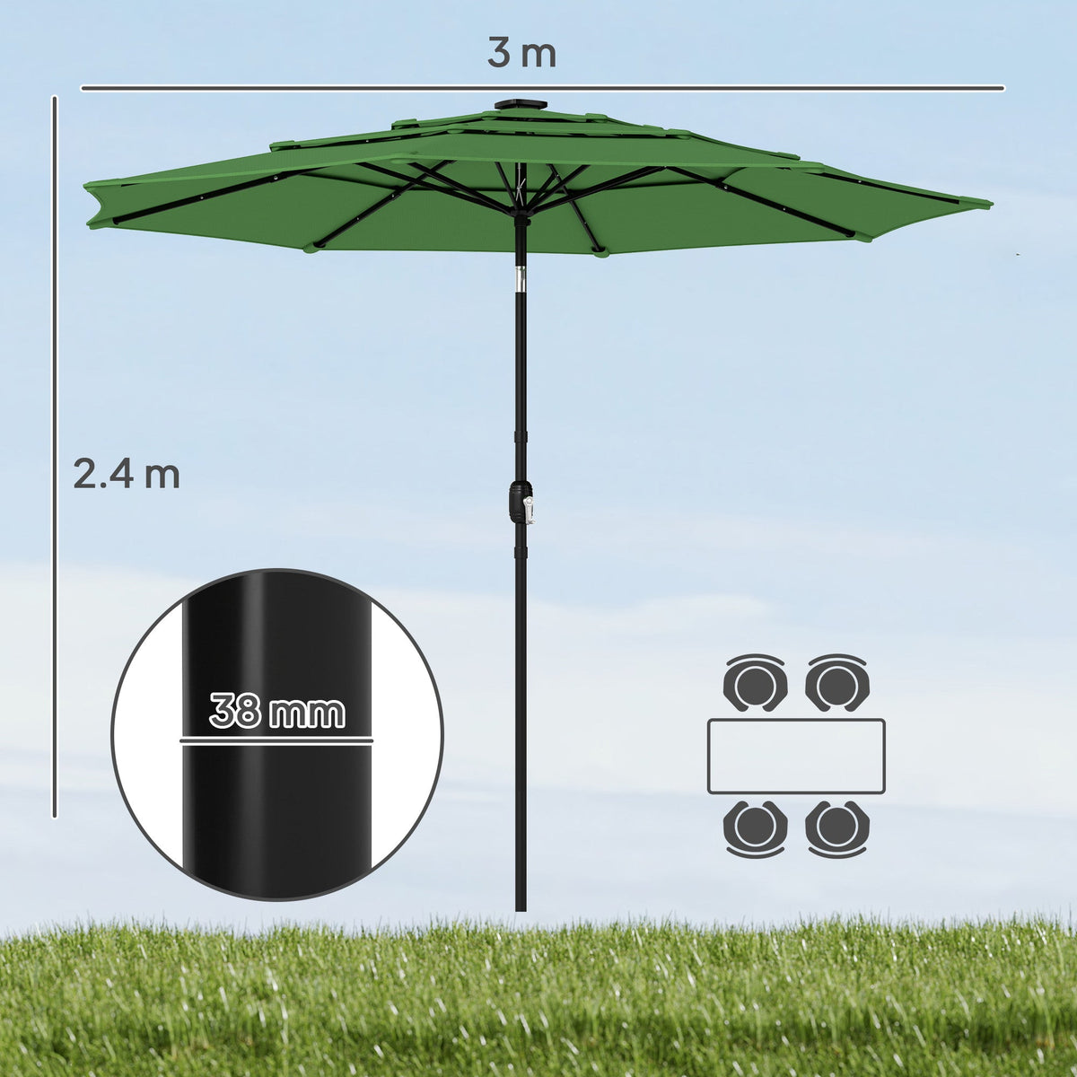 3 m Garden Parasol with 3-Tier Roof, Crank Handle & Tilt, Green — product view 5