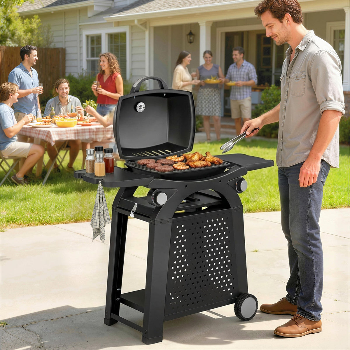 2 Burner Gas Grill with Wheels, Side Tables and Cast Iron Grates, Black — product view 4