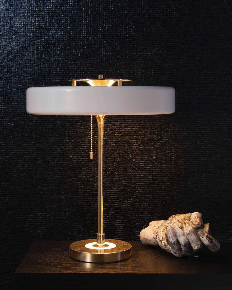 Mid-Century Round Table Lamp with Pull Chain Fabric Shade Warm LED Bedside Living Room — 3 Colors — product view 3
