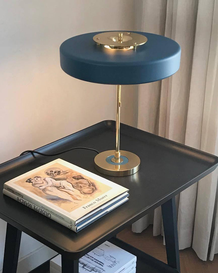 Mid-Century Round Table Lamp with Pull Chain Fabric Shade Warm LED Bedside Living Room — 3 Colors — product view 4