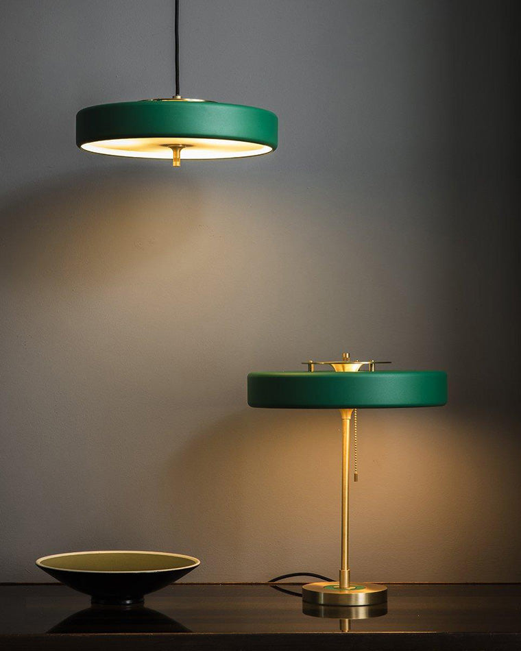 Mid-Century Round Table Lamp with Pull Chain Fabric Shade Warm LED Bedside Living Room — 3 Colors — product view 5