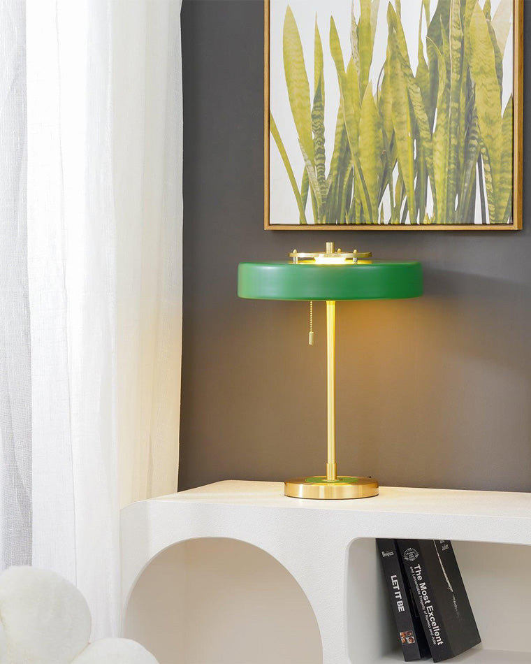 Mid-Century Round Table Lamp with Pull Chain Fabric Shade Warm LED Bedside Living Room — 3 Colors — product view 6