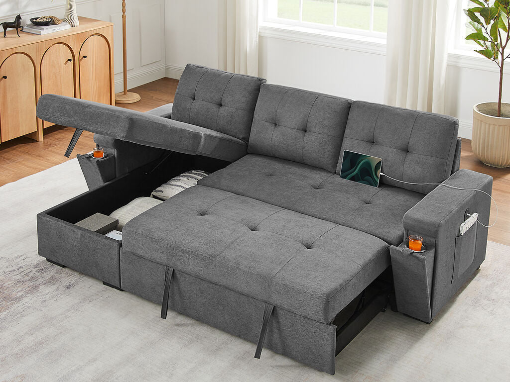 81395GY Toby Grey Woven Fabric Convertible Sectional Sofa with Pop-Up Sleep Area, Storage Chaise & USB Charging — product view 1