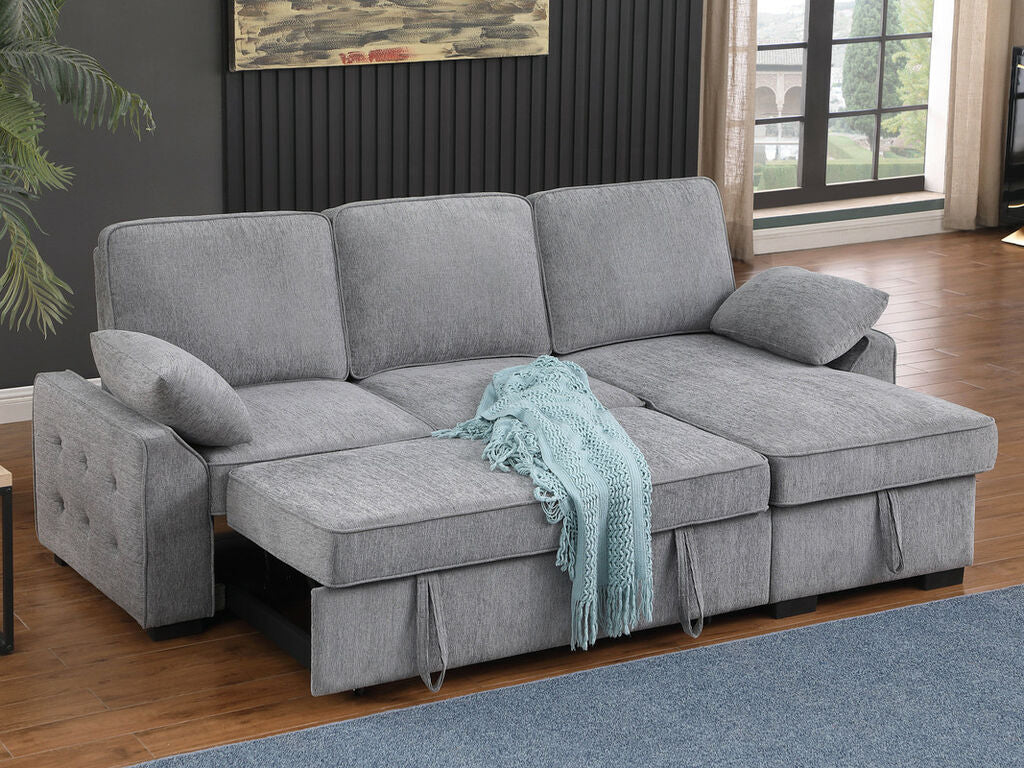 81441 Mackenzie Light Grey Chenille Fabric Convertible Sectional Sofa with Pop-Up Sleep Area, Storage Chaise & USB Charging — product view 2