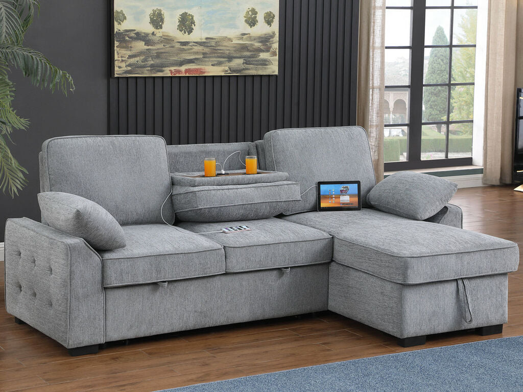81441 Mackenzie Light Grey Chenille Fabric Convertible Sectional Sofa with Pop-Up Sleep Area, Storage Chaise & USB Charging — product view 5
