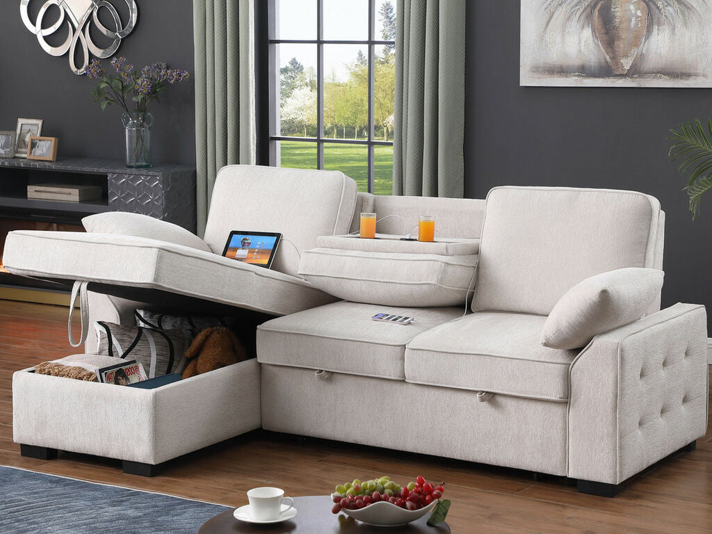 81442 Mackenzie Beige Chenille Fabric Convertible Sectional Sofa with Pop-Up Sleep Area, Storage Chaise & USB Charging — product view 1