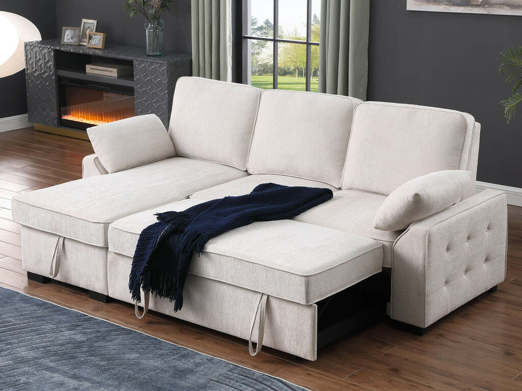 81442 Mackenzie Beige Chenille Fabric Convertible Sectional Sofa with Pop-Up Sleep Area, Storage Chaise & USB Charging — product view 2