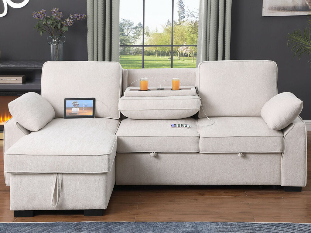 81442 Mackenzie Beige Chenille Fabric Convertible Sectional Sofa with Pop-Up Sleep Area, Storage Chaise & USB Charging — product view 4