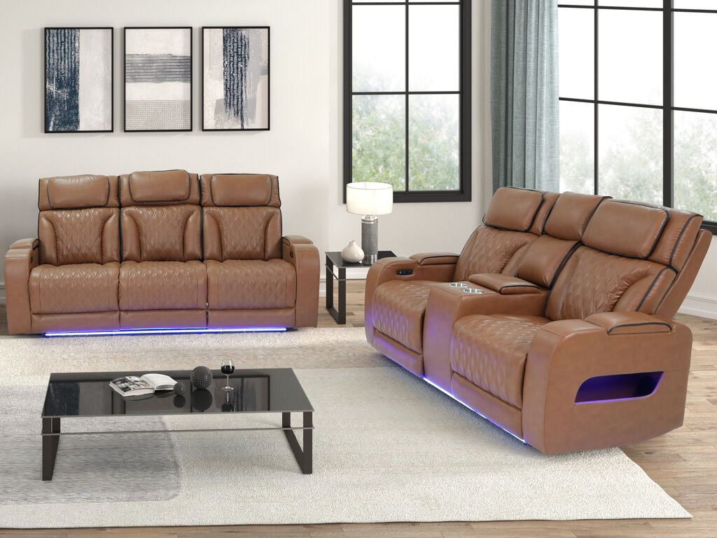 81639-SL Jazz Fortuner 2-Piece Light Brown Faux Leather Power Motion Sofa & Loveseat with Wireless Charging & LED — product view 1