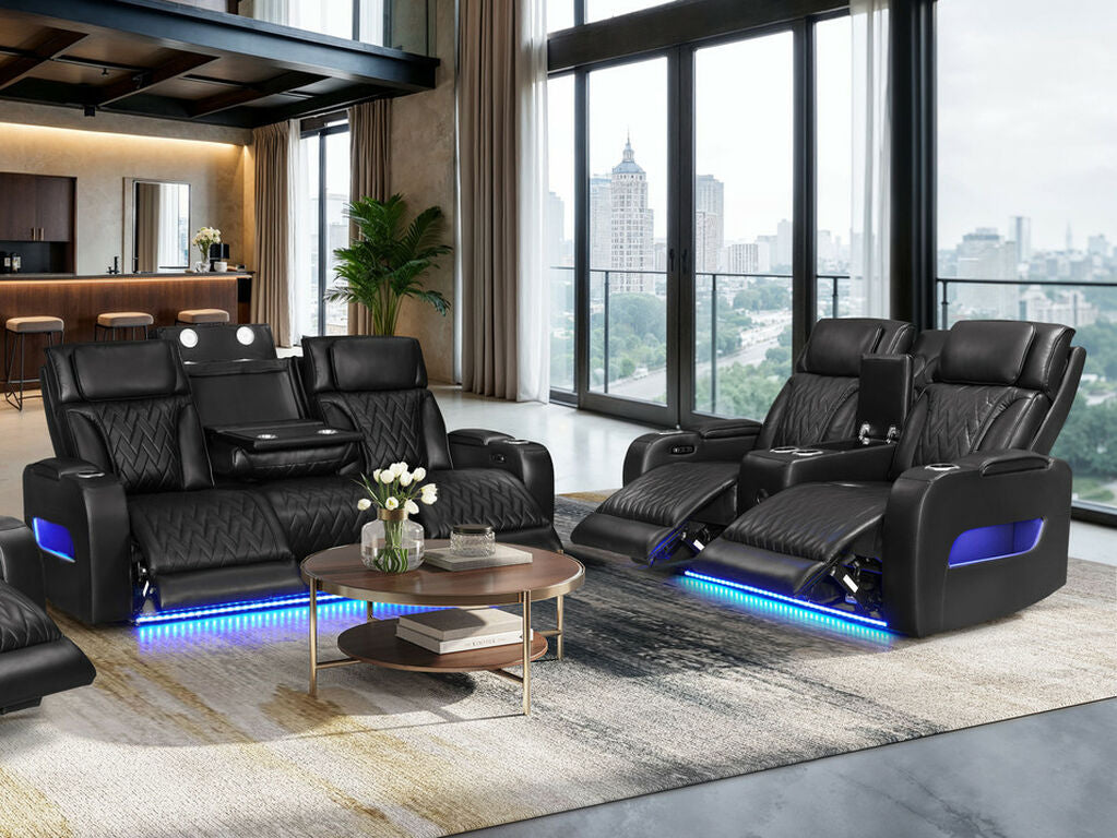 81640-SL Jazz Fortuner 2-Piece Black Faux Leather Power Motion Sofa & Loveseat with Wireless Charging & LED — product view 1