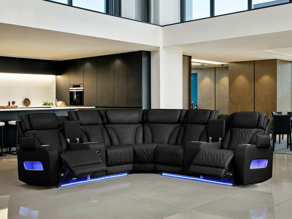 Jazz Fortuner Black Faux Leather 3-Piece Power Motion Sectional Sofa with LED, Wireless Charging & Bluetooth – 81642 — product view 2