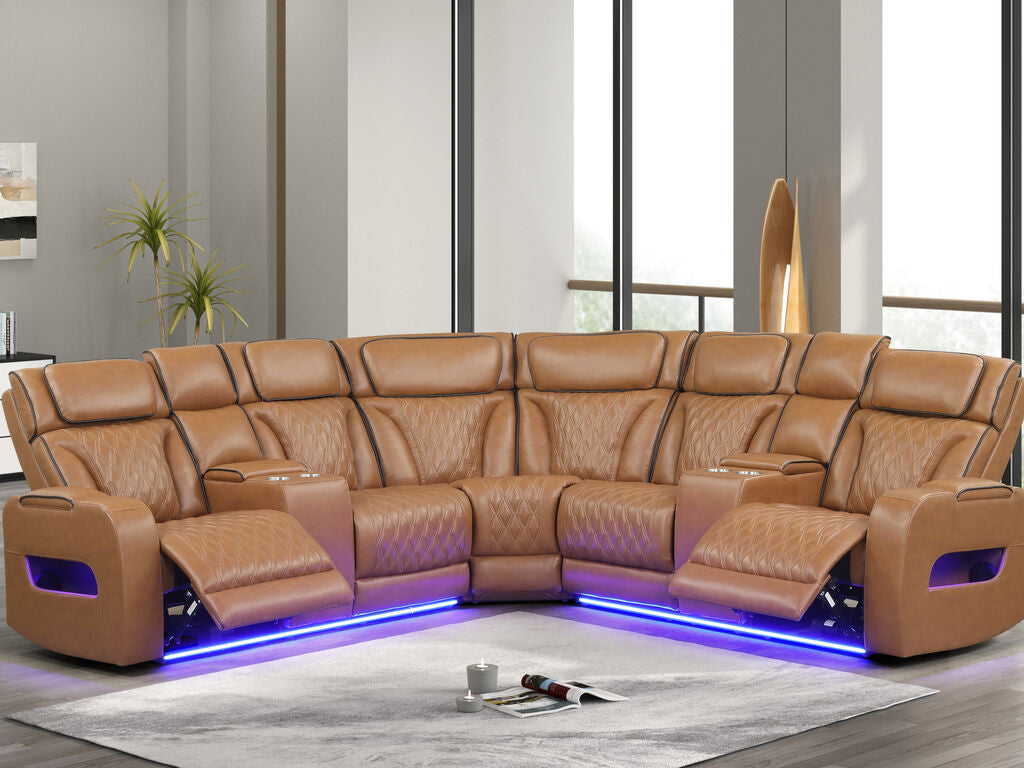 Jazz Fortuner Light Brown Faux Leather 3-Piece Power Motion Sectional Sofa with LED, Wireless Charging & Bluetooth – 81644 — product view 1