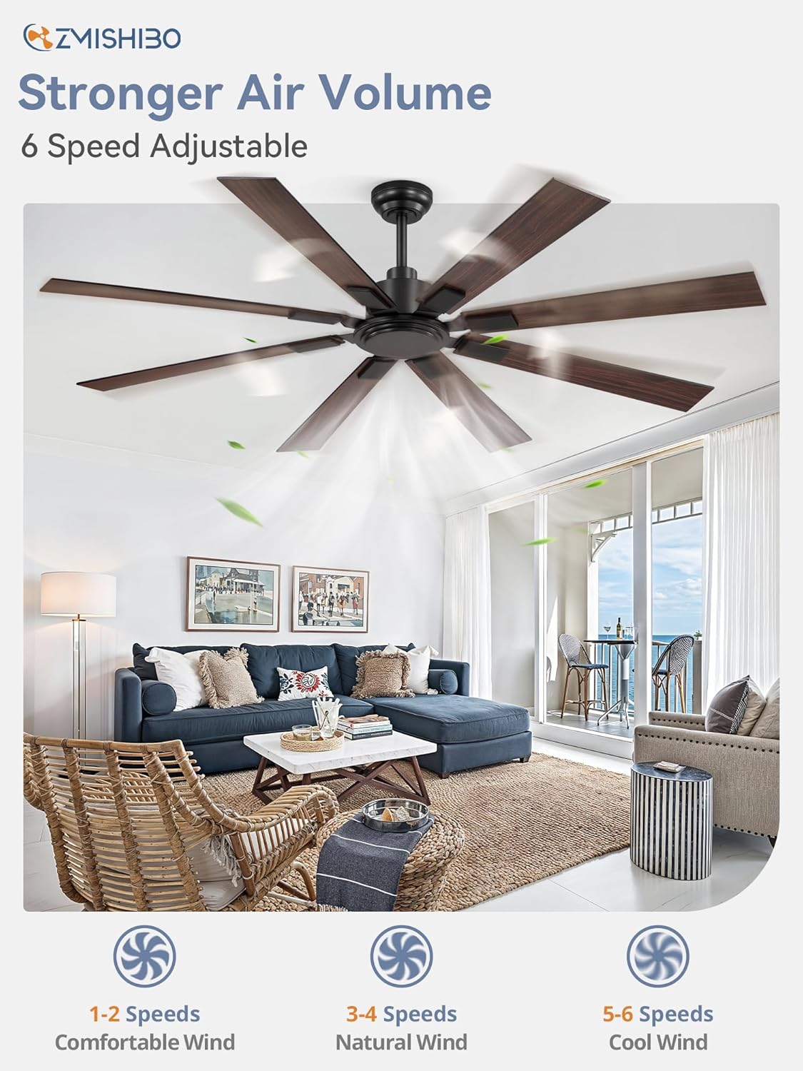 Large Ceiling Fan No Light 8-Blade Reversible DC Motor 6-Speed Indoor Outdoor Patio Living Room Garage — 52 to 72 Inch — product view 2