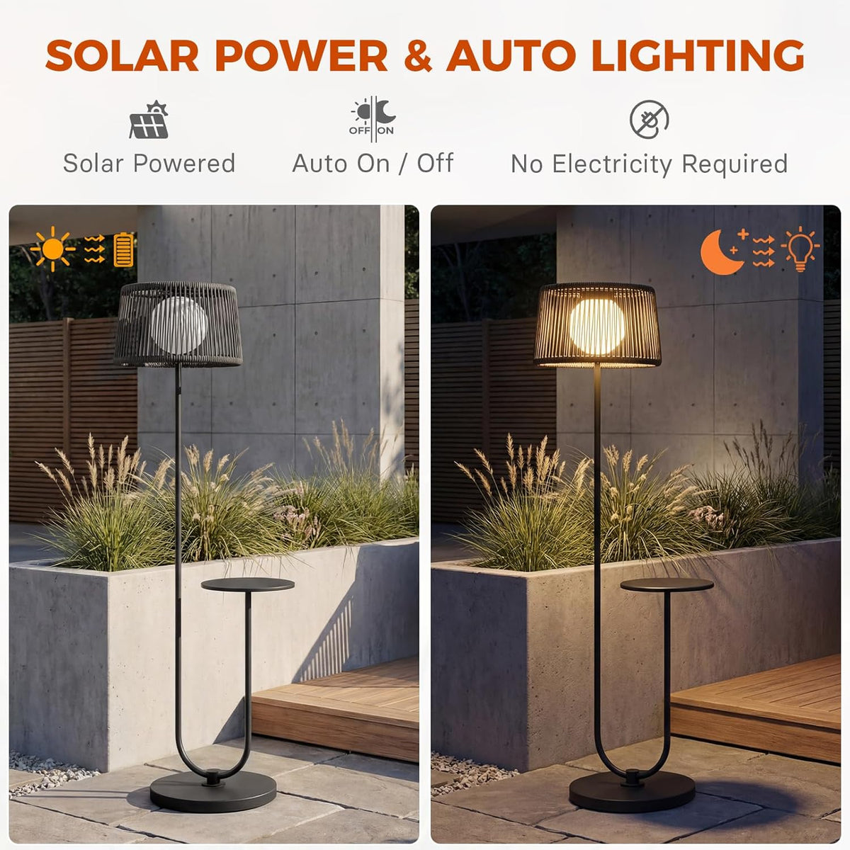 LOUNGE YARD Solar Yard Outdoor Floor Lamp with Side Table, U-Shaped Modern Metal Outdoor Lamp, 3000K Warm White, IP56 Waterproof, Patio Garden Deck Balcony Coffee Table Light, Black — product view 4