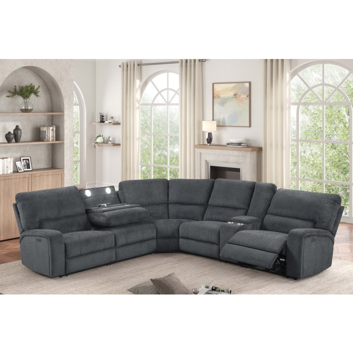3-Piece Grey Chenille Fabric Power Recliner Sectional Sofa with Console & LED Lights – 8298 — product view 1