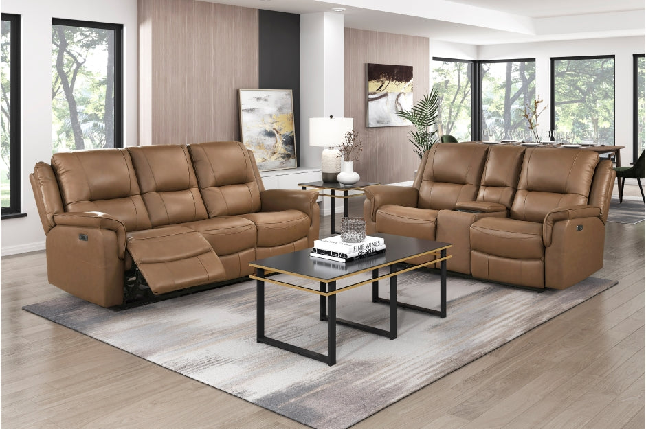 Haven 2-Piece Power Motion Sofa & Loveseat Set – Brown Top Grain Leather & Recliner Ends – 8301BRW-2PC — product view 1