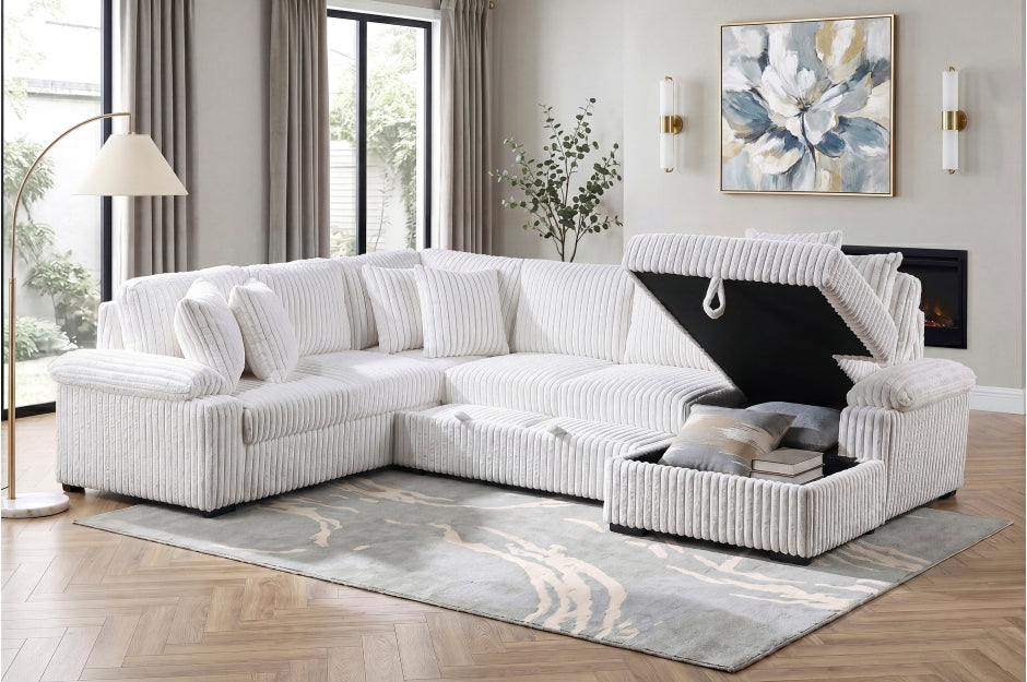 Homelegance Ridge White Plush Corduroy Sectional Sofa with Storage Chaise and Pull-Out Sleeper – 8317WHT — product view 2