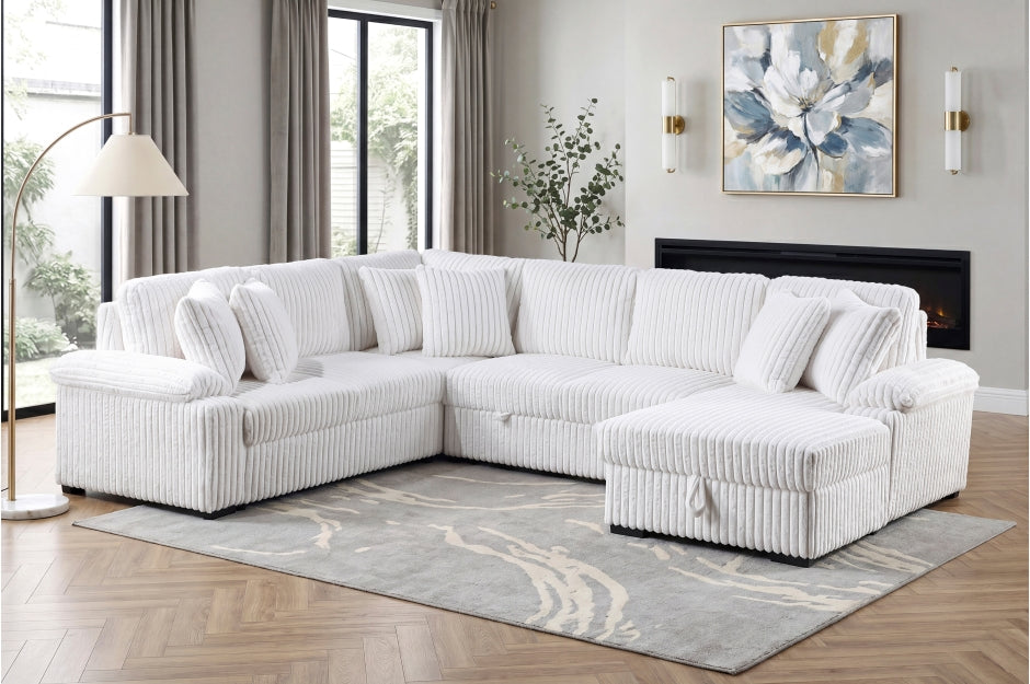Homelegance Ridge White Plush Corduroy Sectional Sofa with Storage Chaise and Pull-Out Sleeper – 8317WHT — product view 1