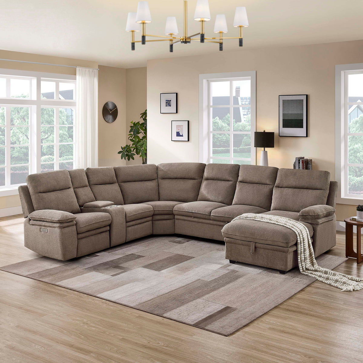 3-Piece Taupe Chenille Fabric Power Recliner Sectional Sofa with Sleeper, Storage Chaise & Console – 8319 — product view 1