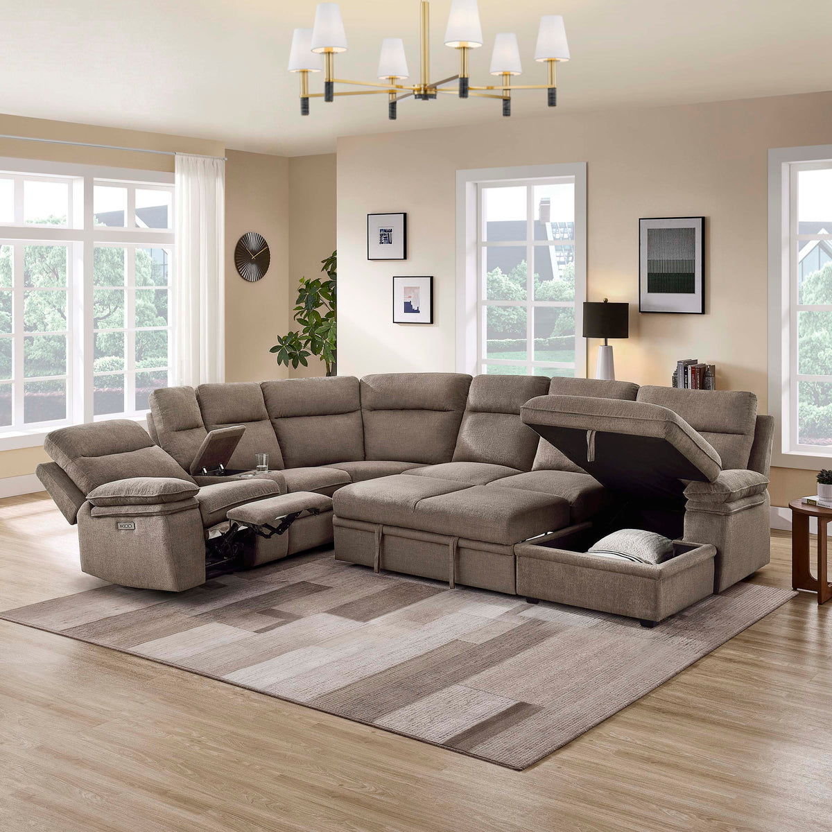 3-Piece Taupe Chenille Fabric Power Recliner Sectional Sofa with Sleeper, Storage Chaise & Console – 8319 — product view 2