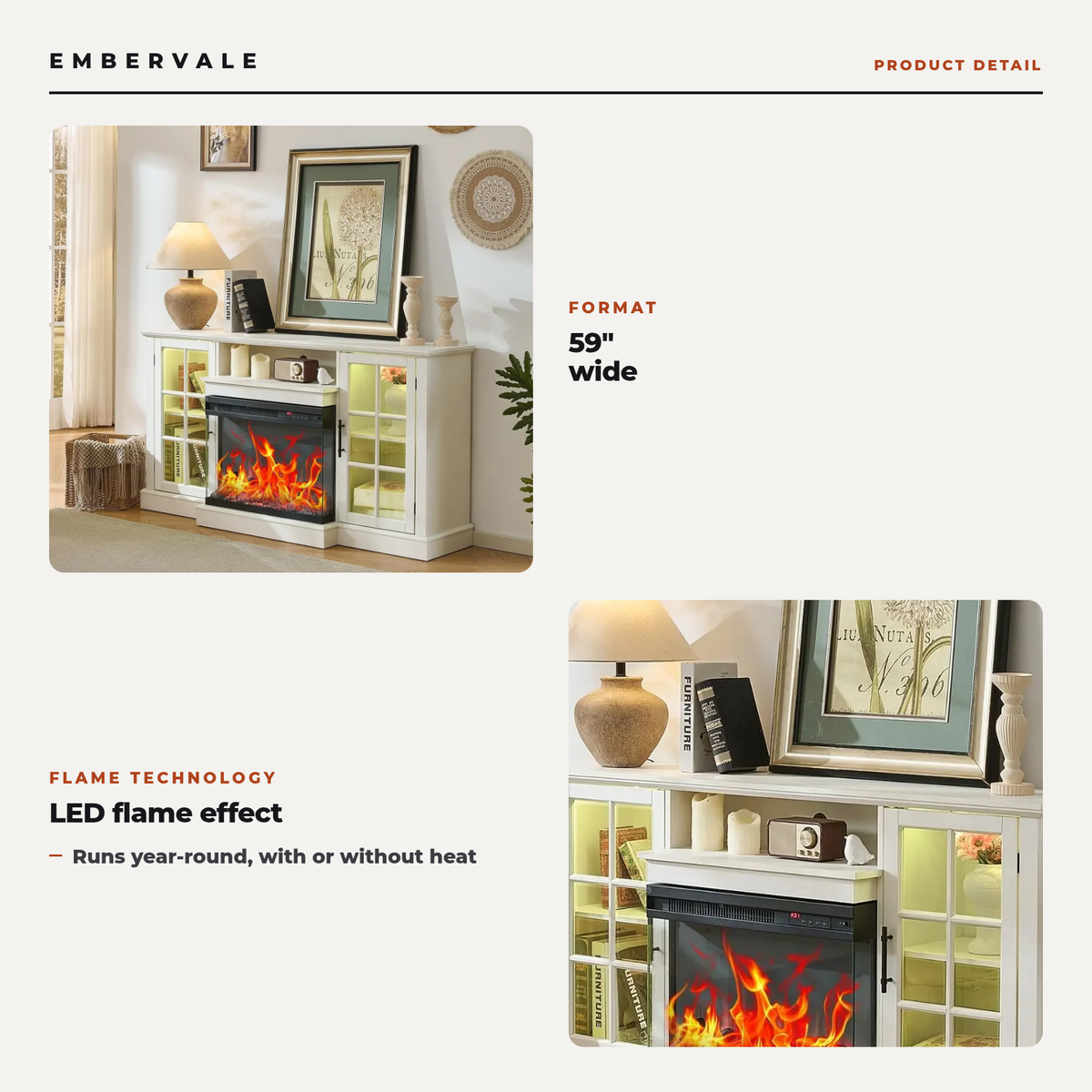 59 Inch Electric Fireplace TV Stand, Modern Media Console Entertainment Center, Storage Cabinets for Living Rooms — product view 2
