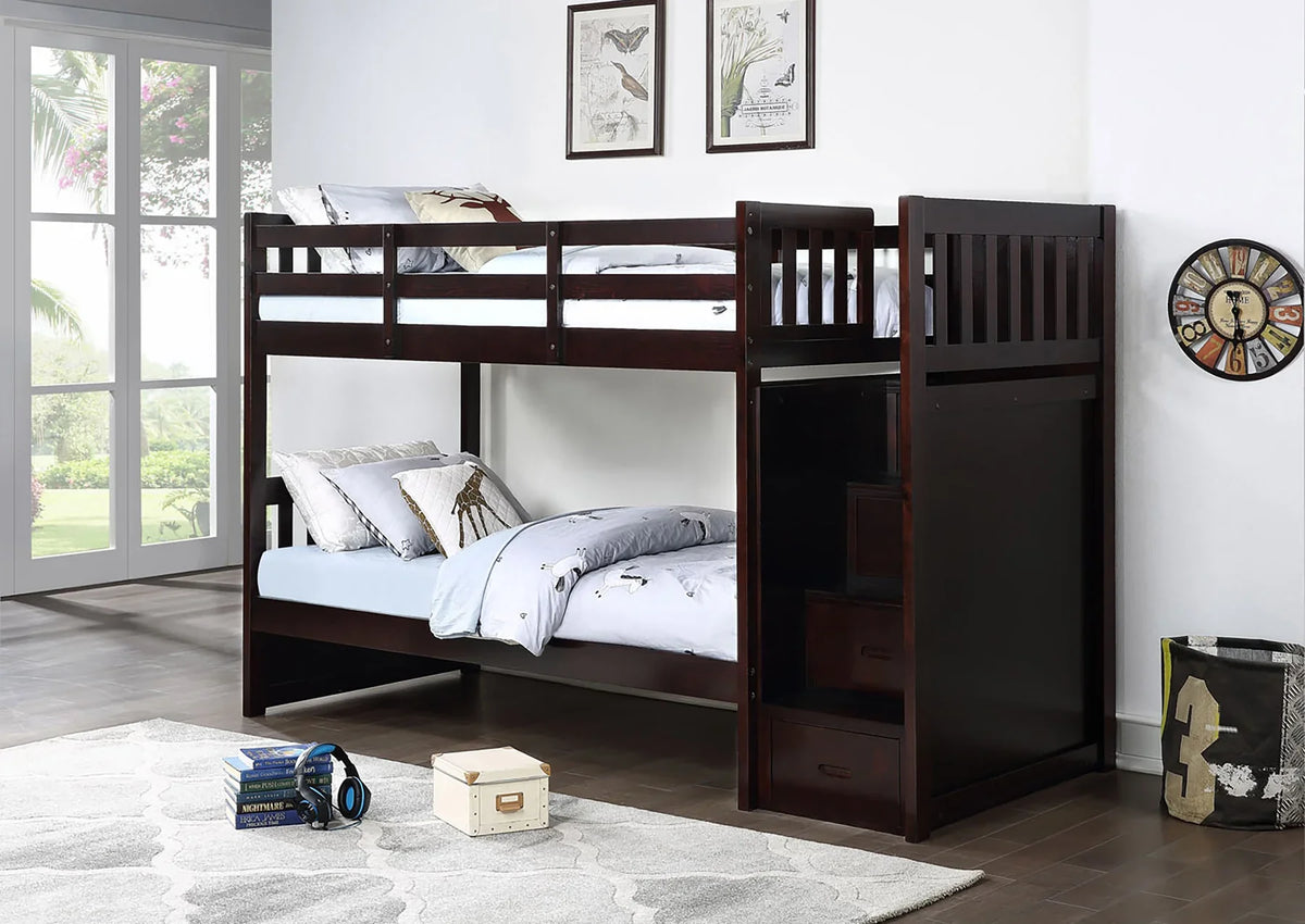 Mandaly Espresso Wood Twin over Twin Bunk Bed with Staircase & Drawers – 8435-ESP — product view 1