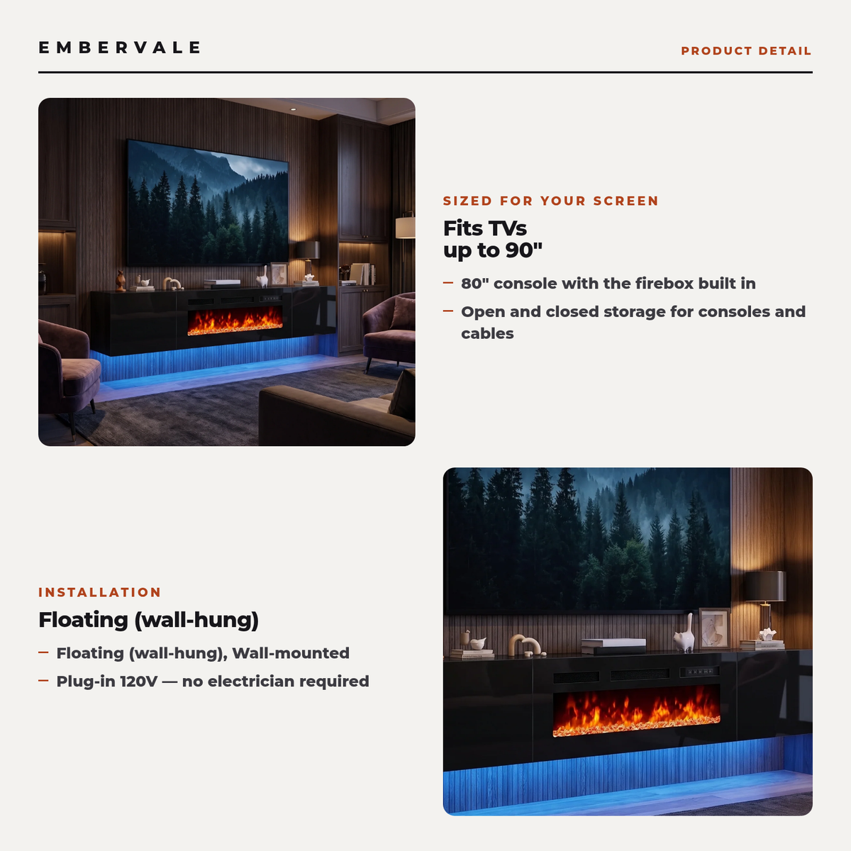 80 Inch Floating TV Stand with 40 Inch Electric Fireplace & LED Lights, Wall Mounted Media Console for TVs up to 90 Inch — product view 3