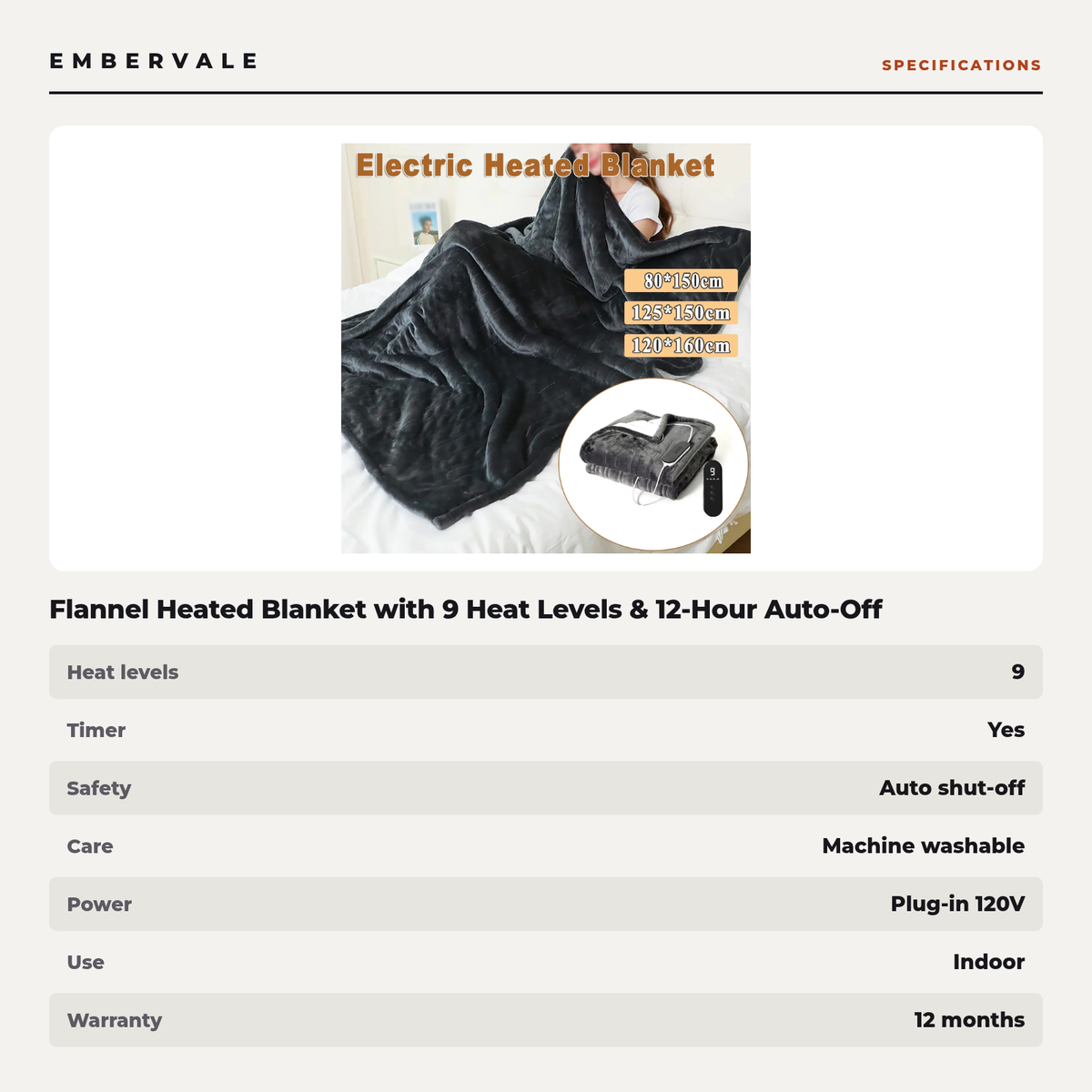 Flannel Heated Blanket with 9 Heat Levels & 12-Hour Auto-Off, 5-Second Fast Heating Electric Throw, Machine Washable — product view 3