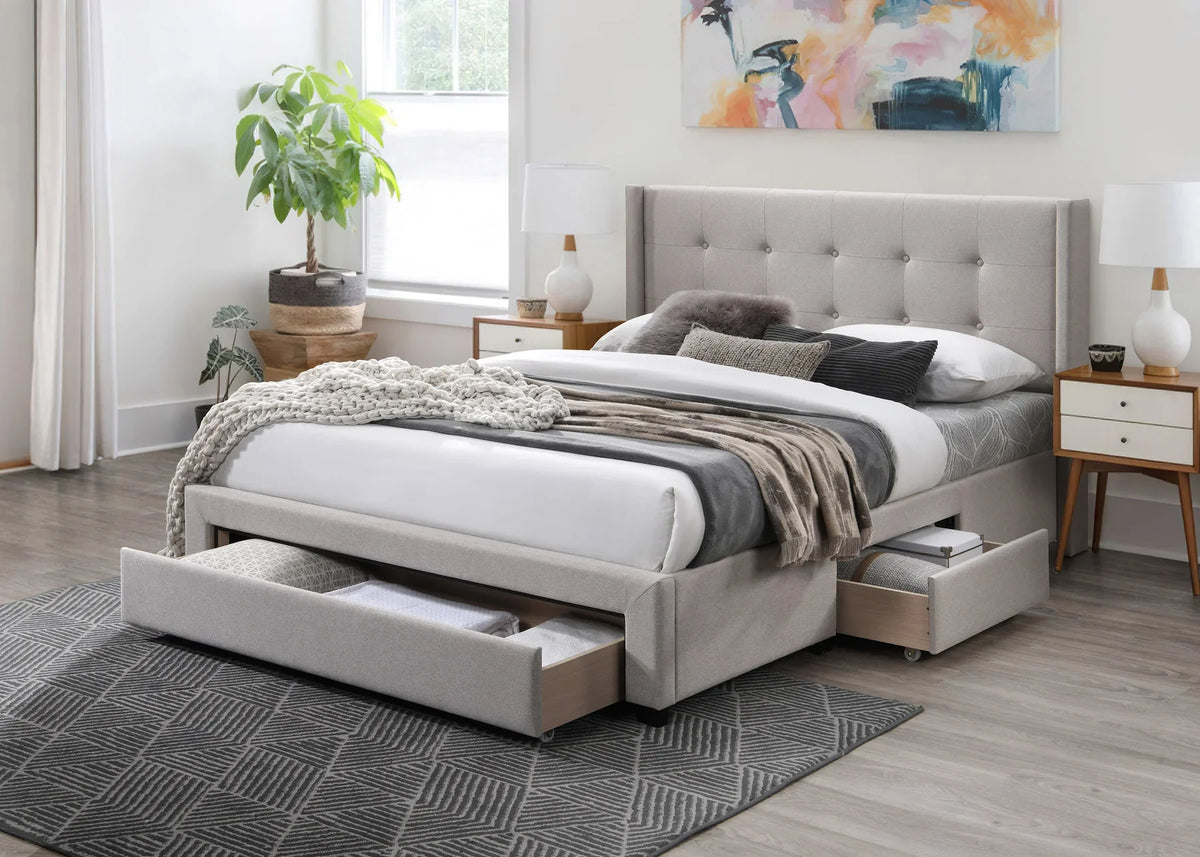 Daisy Light Brown Linen-Like Fabric Queen Bed with 3 Under Bed Storage Drawers – 8737-Q — product view 1