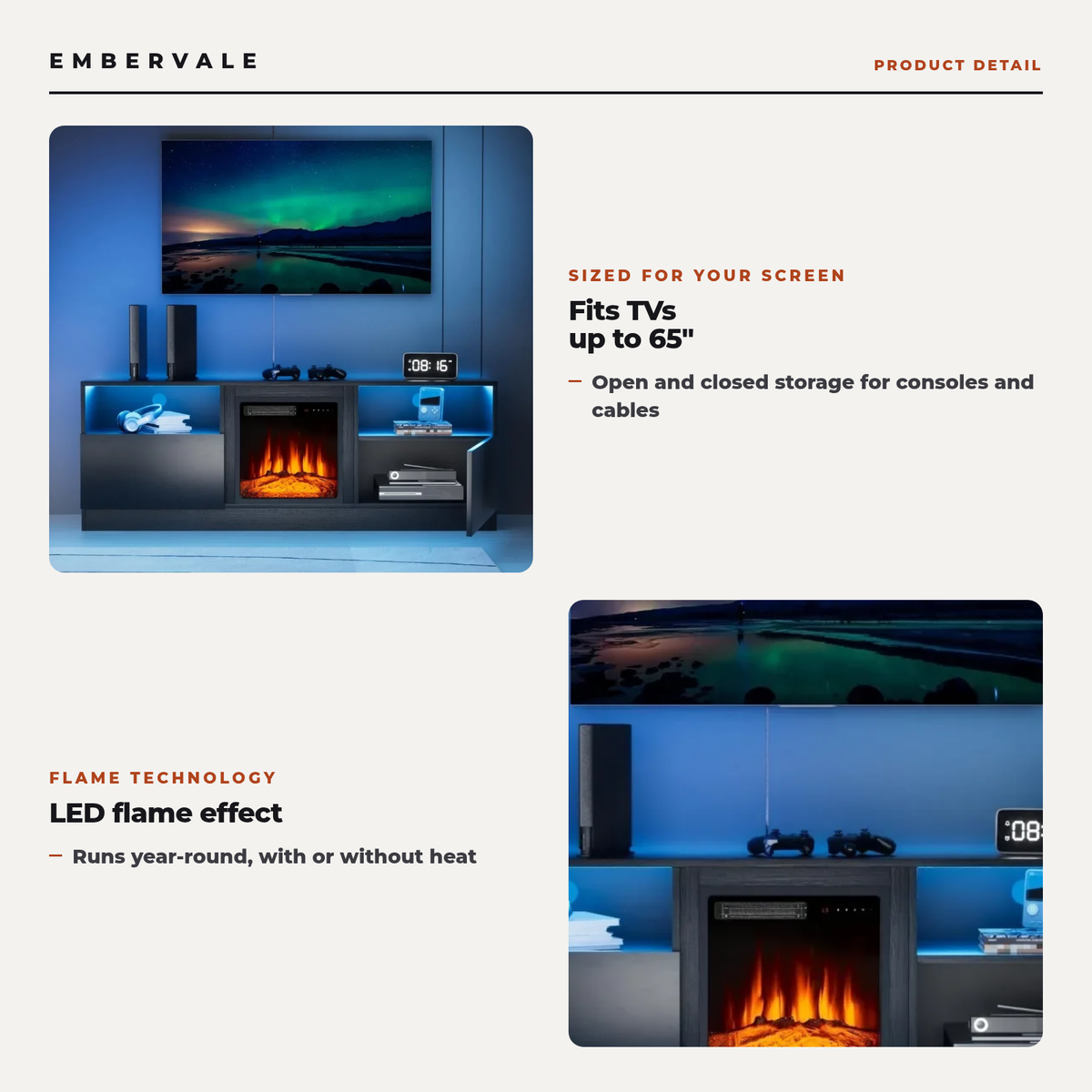 Electric Fireplace TV Stand for TVs up to 65 Inch, 18" Firebox for Living Rooms — product view 2