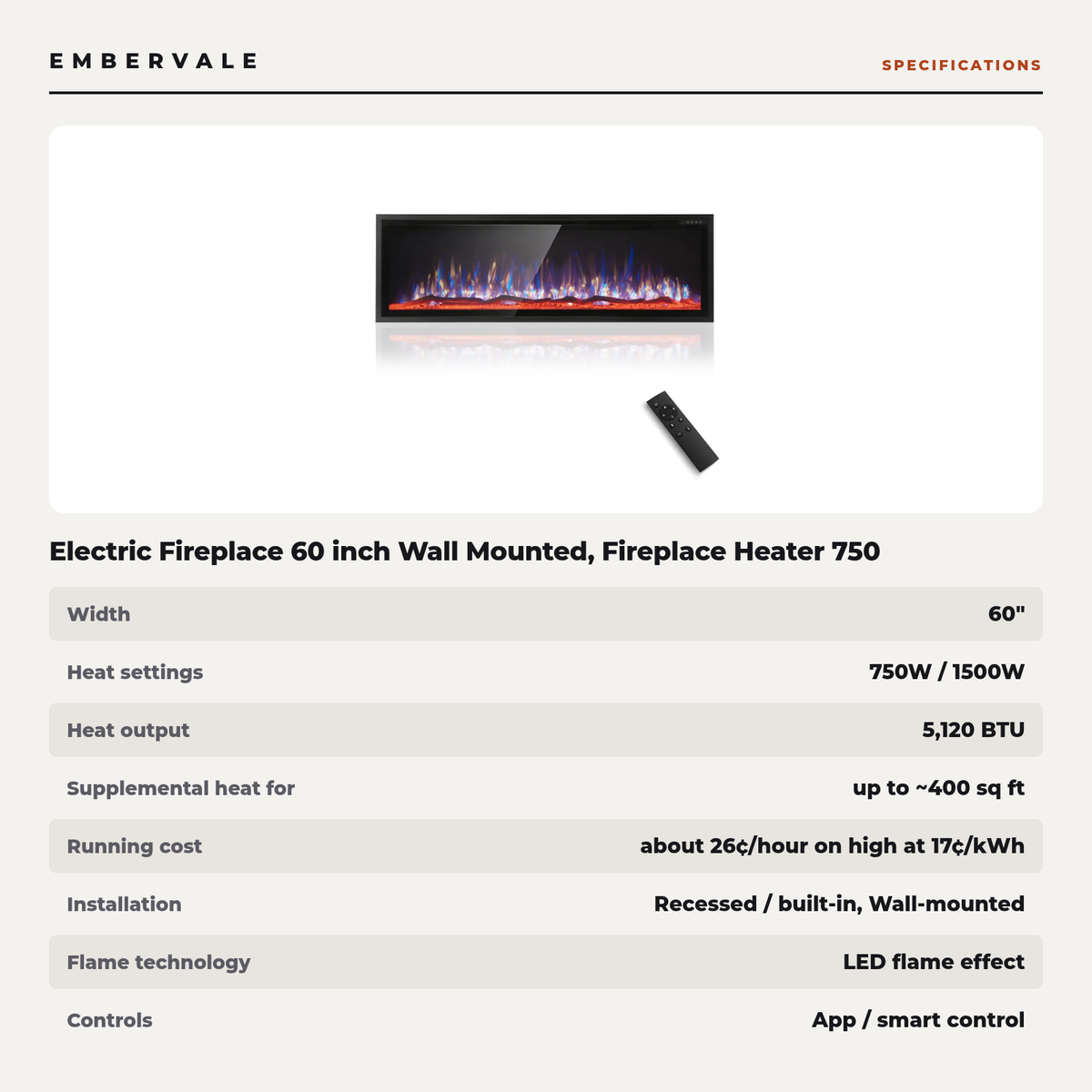 Electric Fireplace 60 inch Wall Mounted, Fireplace Heater 750 1500W Smart Heat — product view 3