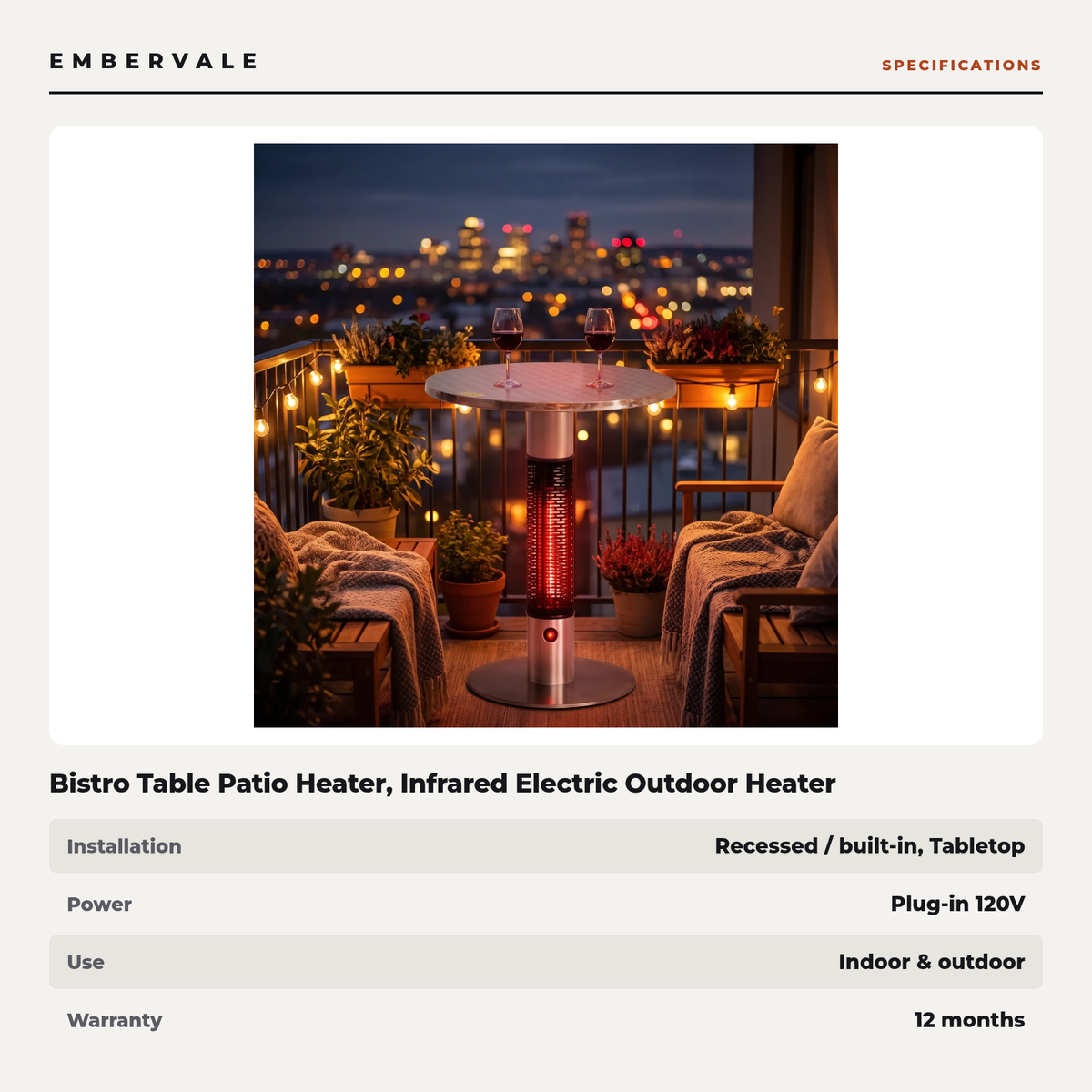 Bistro Table Patio Heater, Infrared Electric Outdoor Heater with Built-In Table Top for Deck & Balcony Entertaining — product view 3