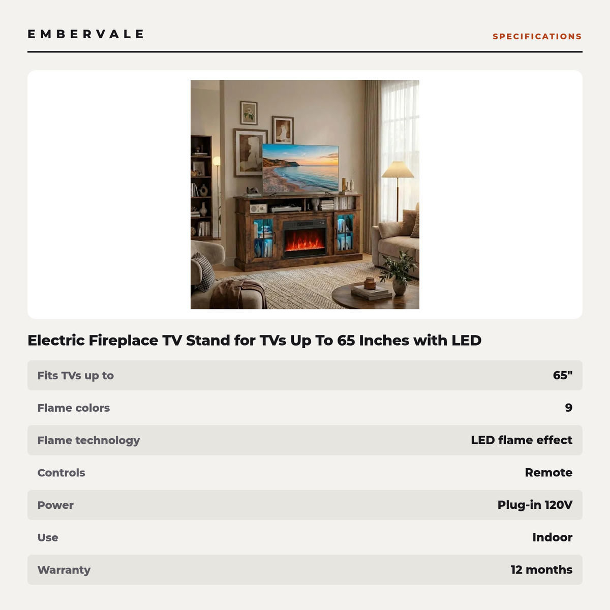 Electric Fireplace TV Stand for TVs Up To 65 Inches with LED Lights, Remote Controls, 9 Flame Colors, 3-Level — product view 3