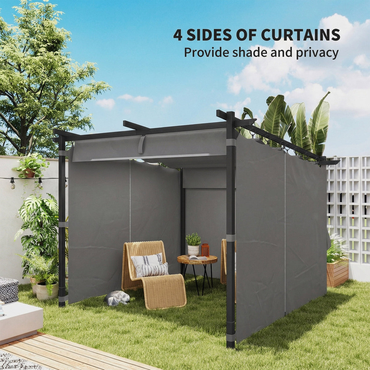 3 x 3 m Metal Pergola with Retractable Roof and Sidewalls, Light Grey — product view 7