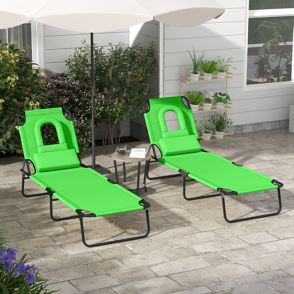 2pcs Adjustable Outdoor Lounge Chairs with Face Hole, Green — product view 3