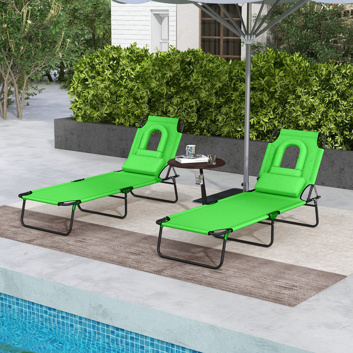 2pcs Adjustable Outdoor Lounge Chairs with Face Hole, Green — product view 4