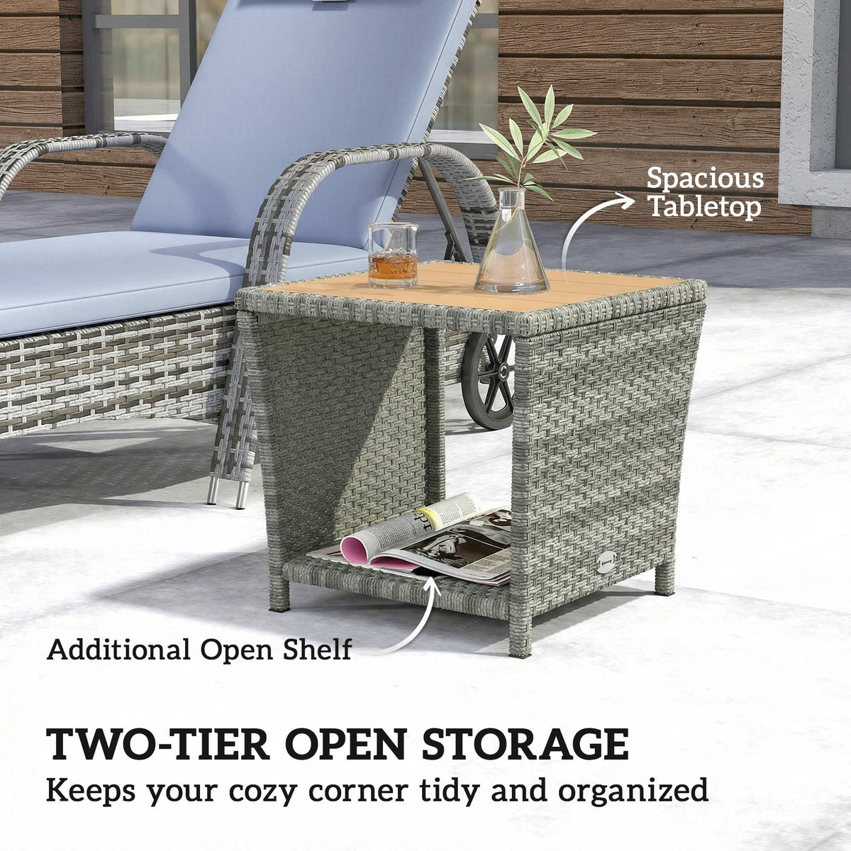 2-Tier PE Rattan Side Table with Storage Shelf, Light Grey — product view 6