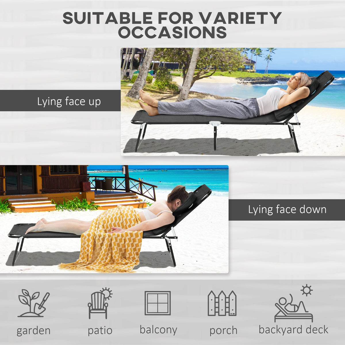 2pcs Adjustable Outdoor Lounge Chairs with Face Hole, Black — product view 7