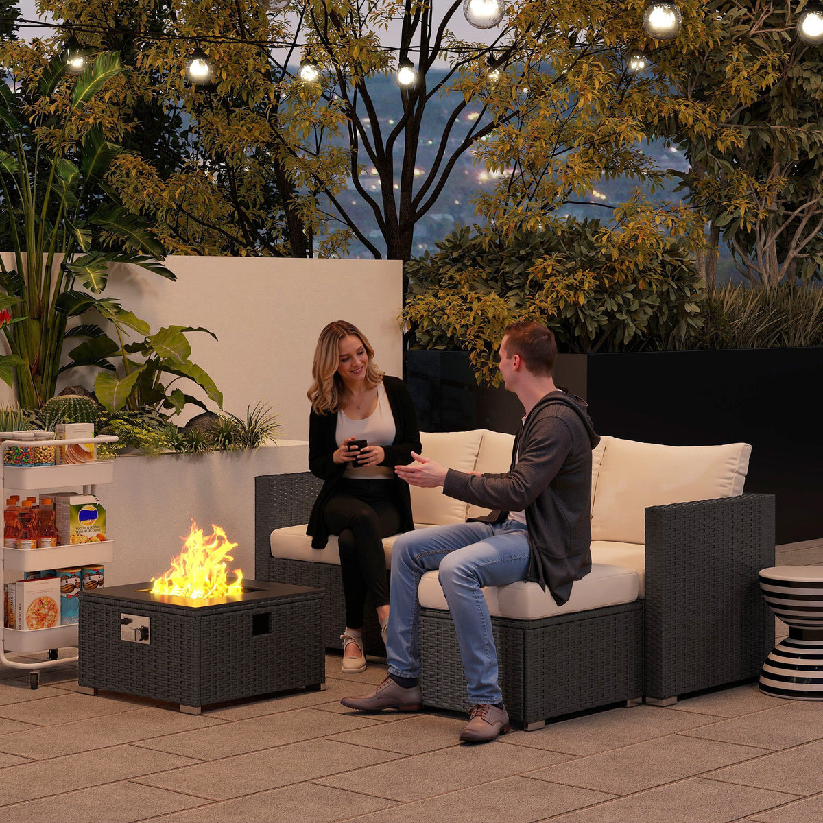 5 Piece Rattan Garden Furniture Set with Gas Fire Pit Table & Footstool, Black/Cream — product view 3
