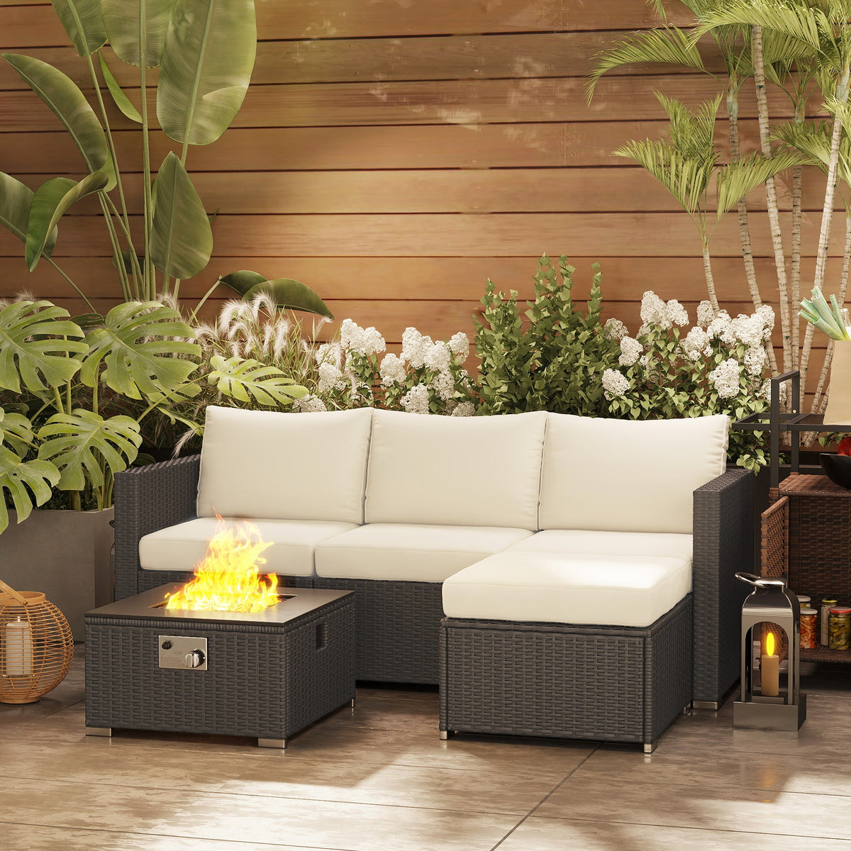 5 Piece Rattan Garden Furniture Set with Gas Fire Pit Table & Footstool, Black/Cream — product view 4