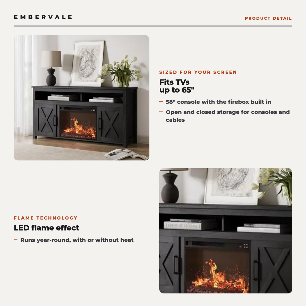 58 Inch Electric Fireplace TV Stand for TVs up to 65 Inch, Farmhouse Media Console Entertainment Center for Living Rooms — product view 2