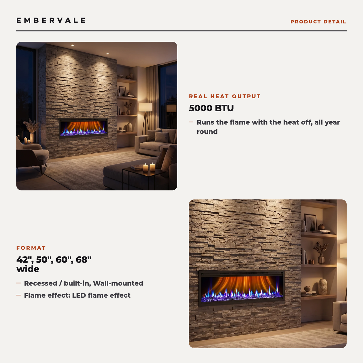 Ultra-Slim Wall Mounted Electric Fireplace, Recessed Linear Fireplace Heater 5000 BTU with Remote & Timer — 42, 50, 60, 68 Inch — product view 3