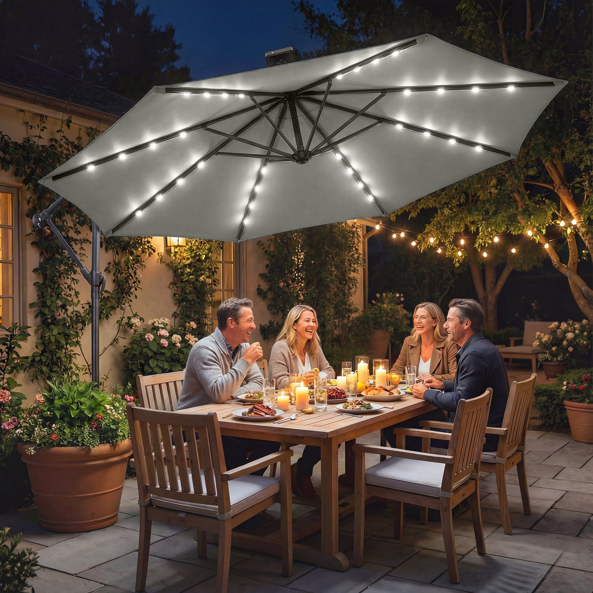 9.7 ft Cantilever Patio Umbrella with Solar LED Light and Cover, Grey — product view 4