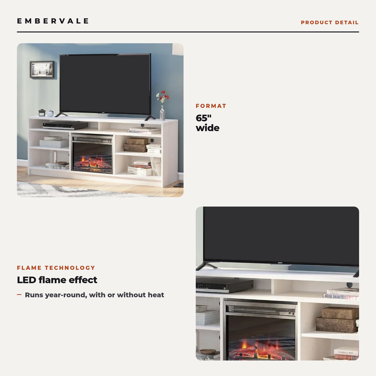65 Inch Electric Fireplace TV Stand, Modern Media Console Entertainment Center, Storage Cabinets for Living Rooms — product view 2