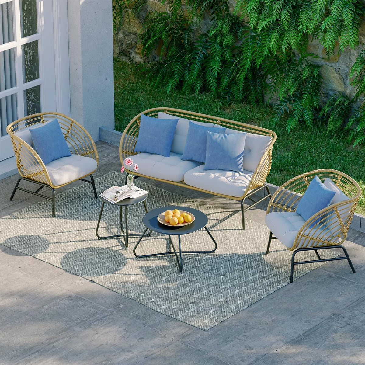 LOUNGE YARD Outdoor Wicker Sofa 5-Piece Set with Beige Thick Cushions, with Patio Coffee Table — product view 6