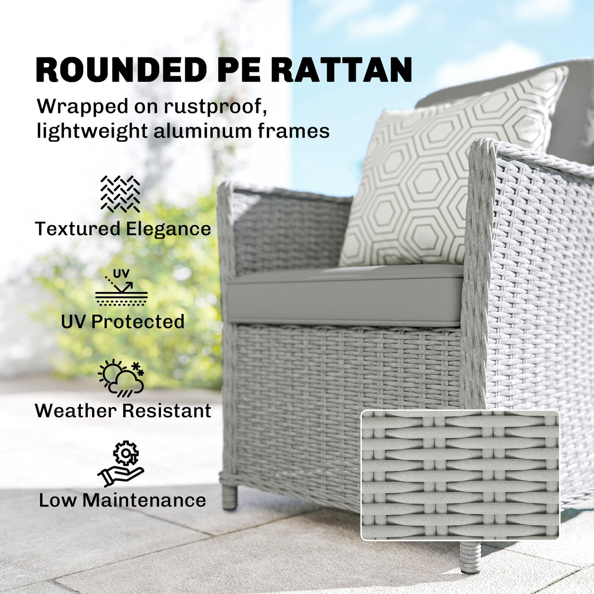 6 Seater Rattan Dining Set with Lazy Susan and Marble Effect Table, Grey — product view 7
