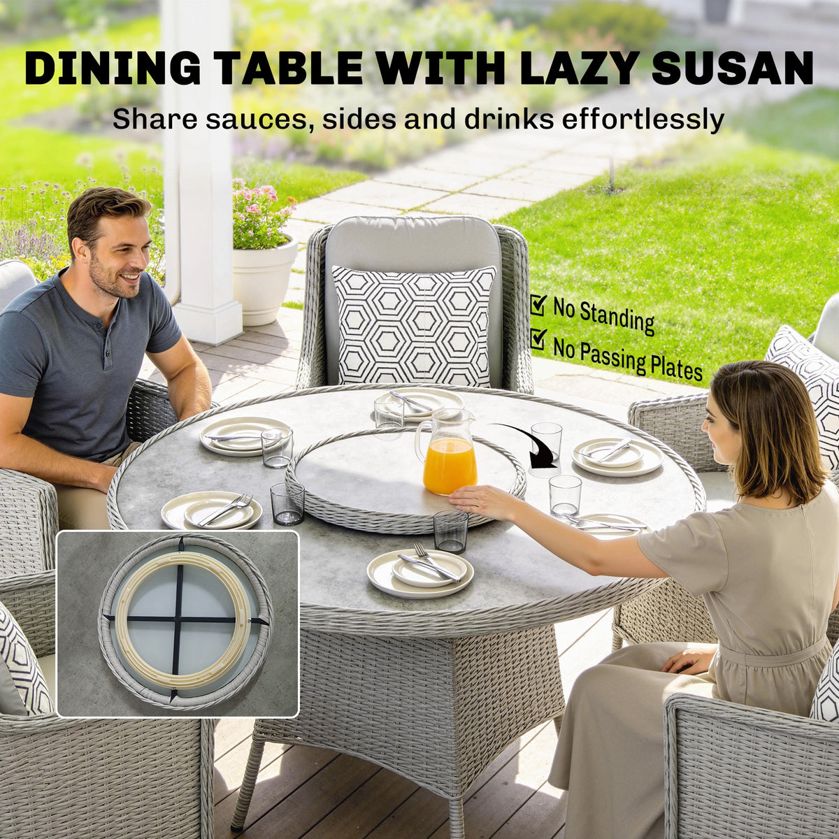 6 Seater Rattan Dining Set with Lazy Susan and Marble Effect Table, Grey — product view 6
