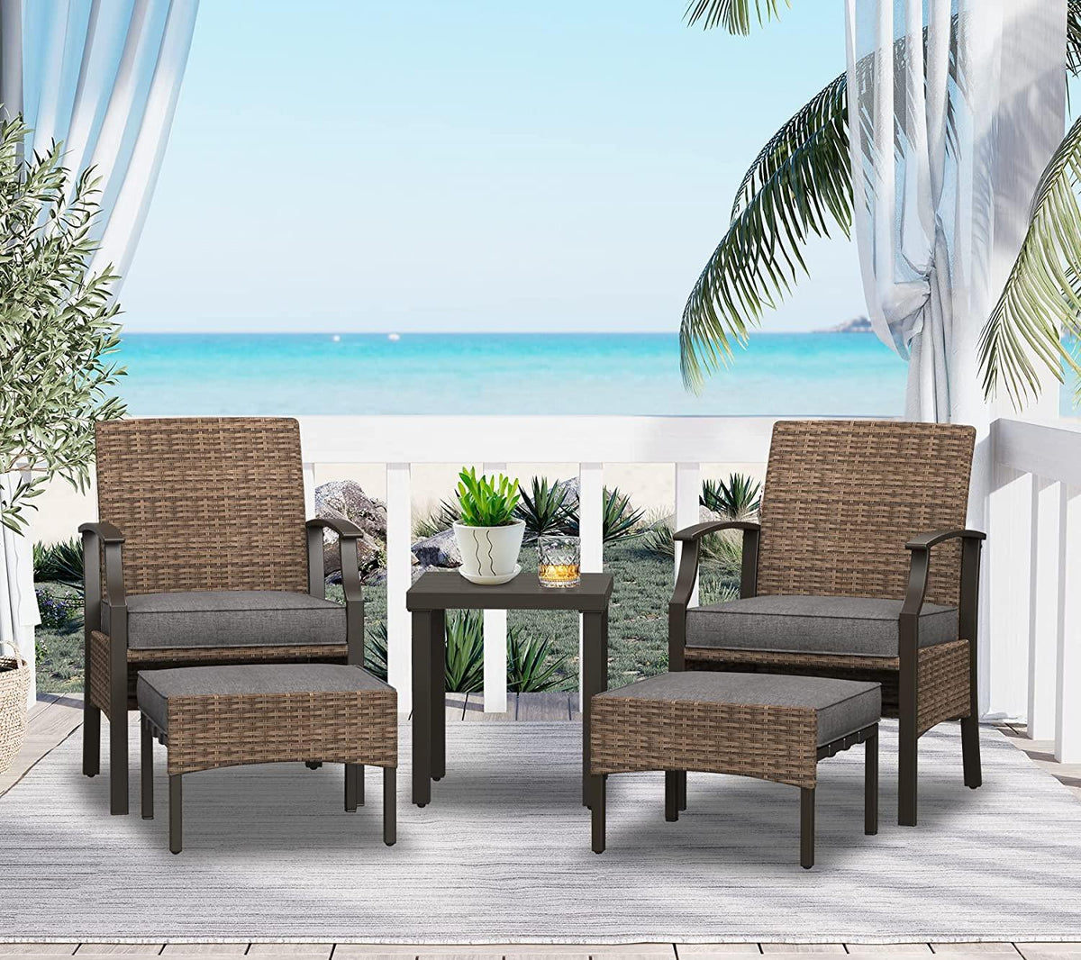 LOUNGE YARD 5 Pieces Outdoor Patio Furniture Sets Weather Resistant Wicker Outdoor Chairs with Ottomans and Coffee Tables — product view 2