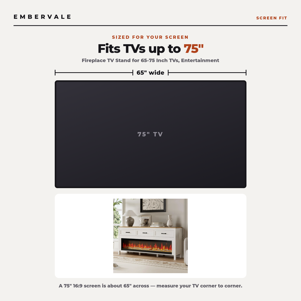 Fireplace TV Stand for 65-75 Inch TVs, Entertainment Center with Electric Fireplace for Living Room — product view 4