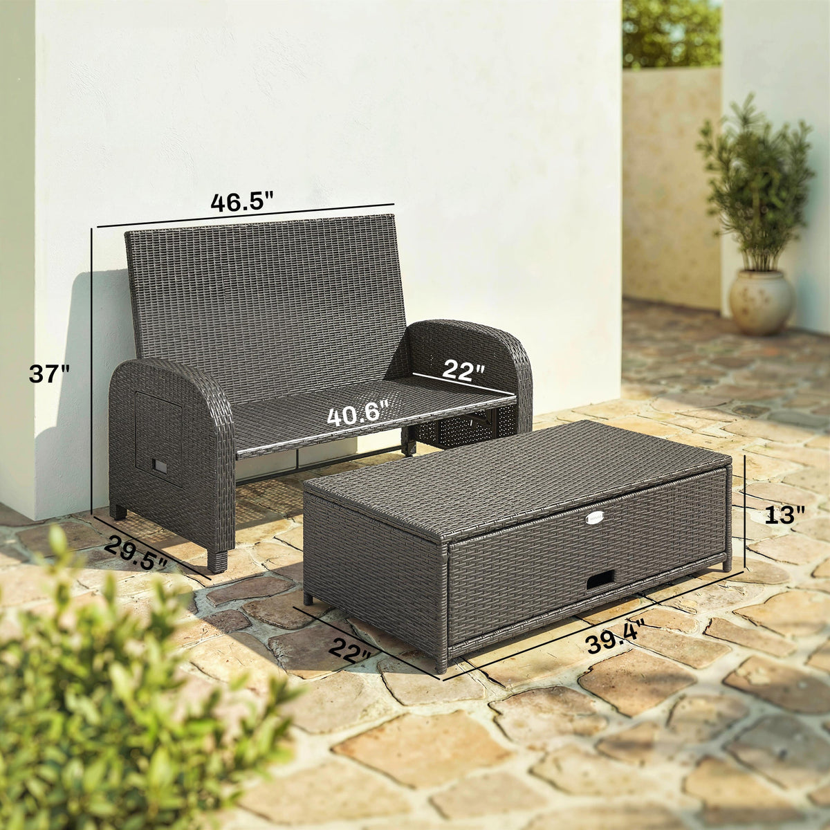 Rattan Patio Daybed with Storage Ottoman and Adjustable Backrest, Gray — product view 5